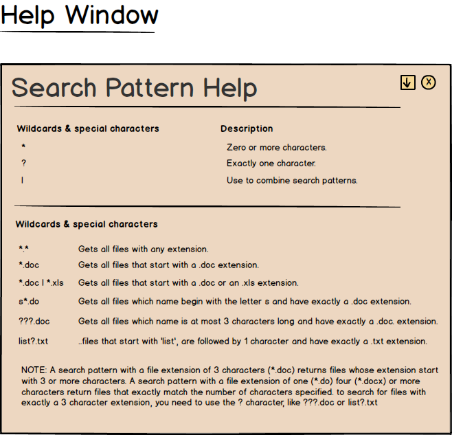 FileMover Search Pattern Help Window